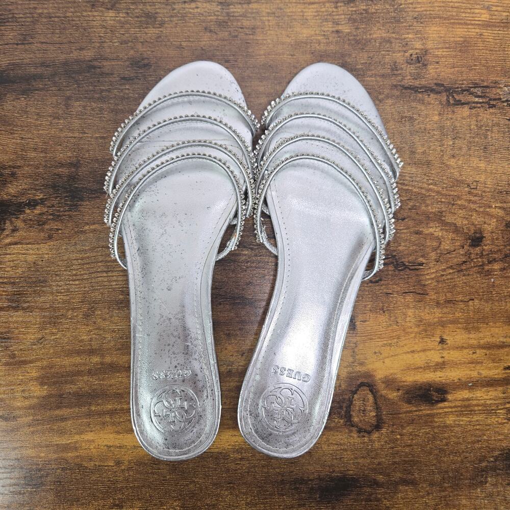 GUESS Riley Silver Rhinestone Strappy Flat Slide Sandals Women's Size 8M